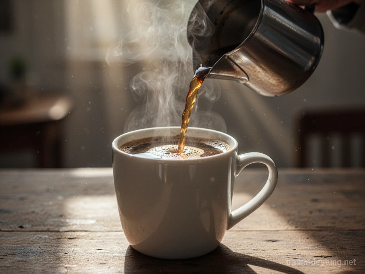 Eine dampfende Tasse Kaffee wird in eine Tasse gegossen.