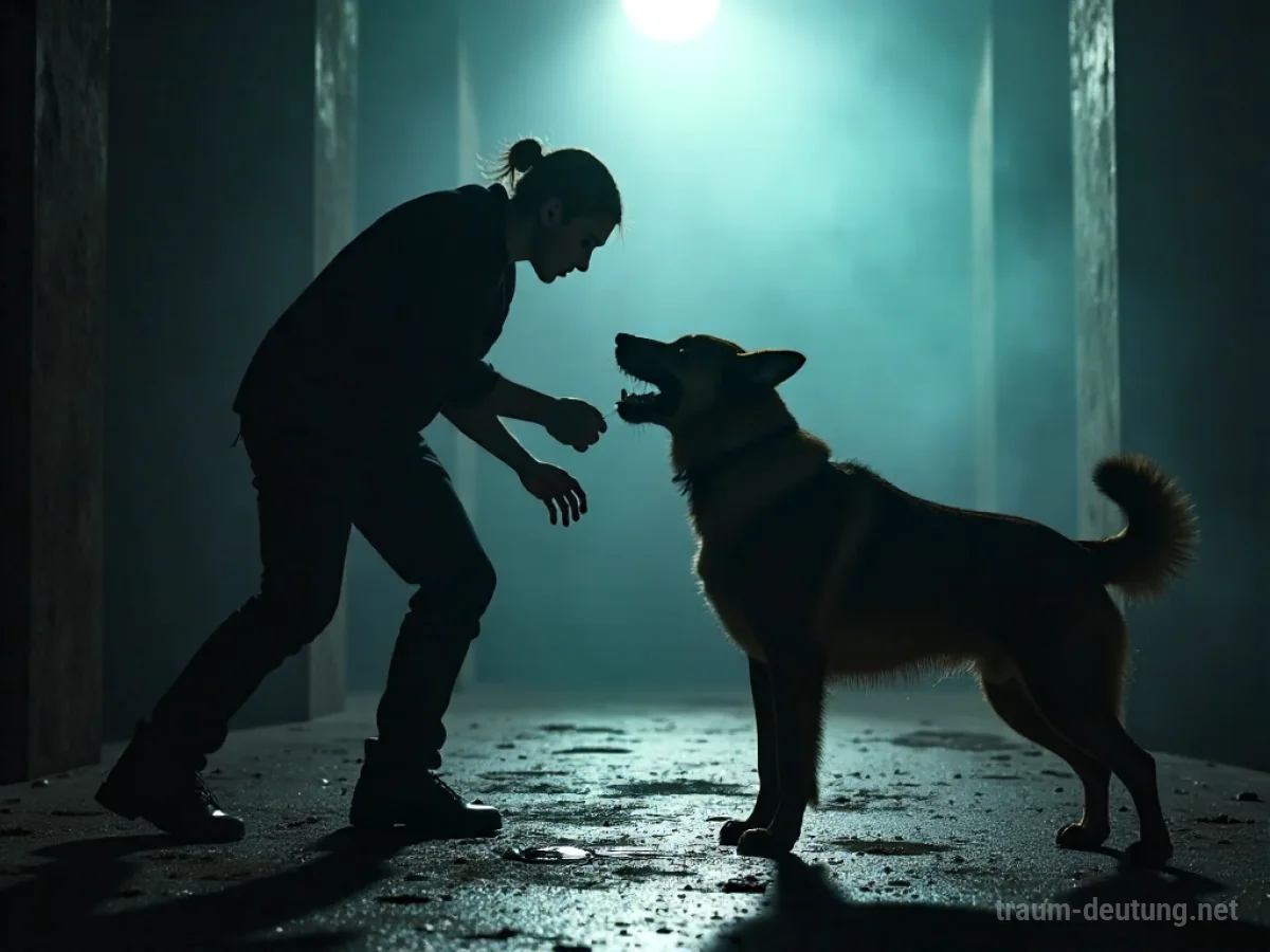 Kampf mit einem Hund im Traum, dargestellt als Silhouetten im Dunkeln.