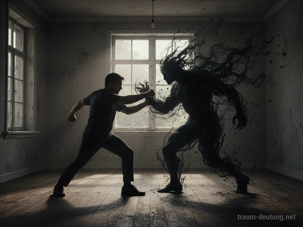 Silhouetten einer Person kämpft gegen einen dunklen Schatten in einem schwach beleuchteten Raum.