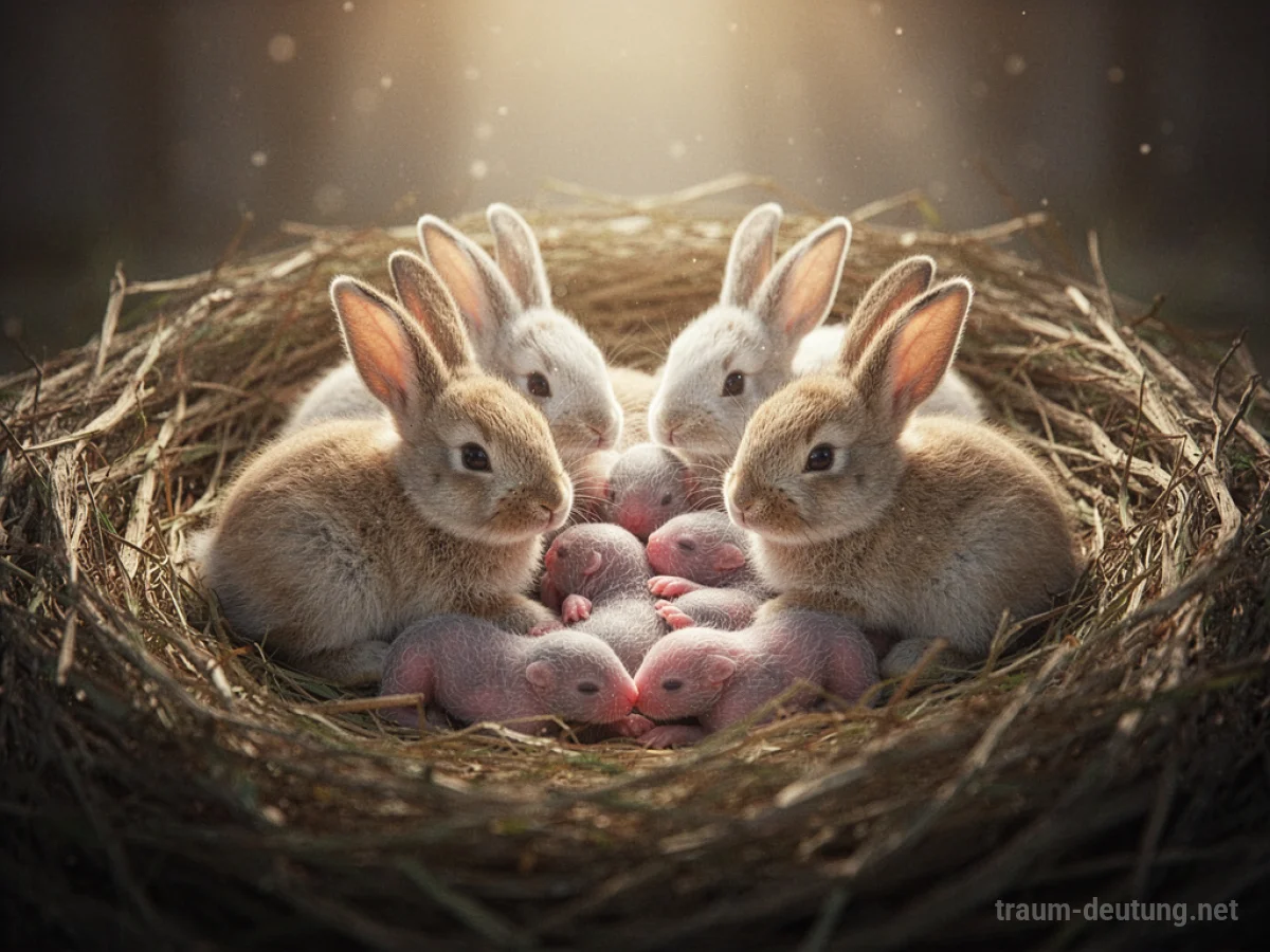 Kaninchengeburten in einem sanft beleuchteten Nest, Symbol für neues Leben.