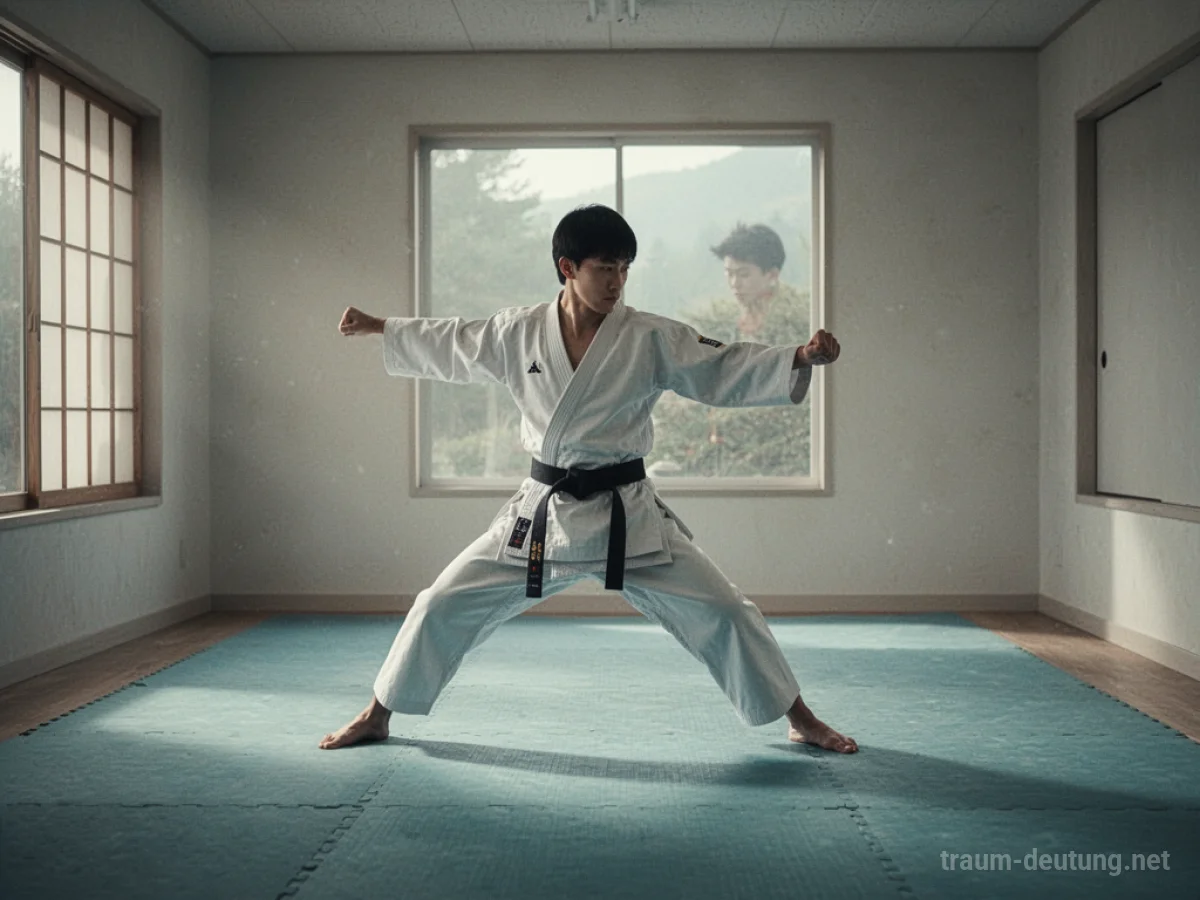 Person übt Karate-Bewegungen in einem hellen Dojo