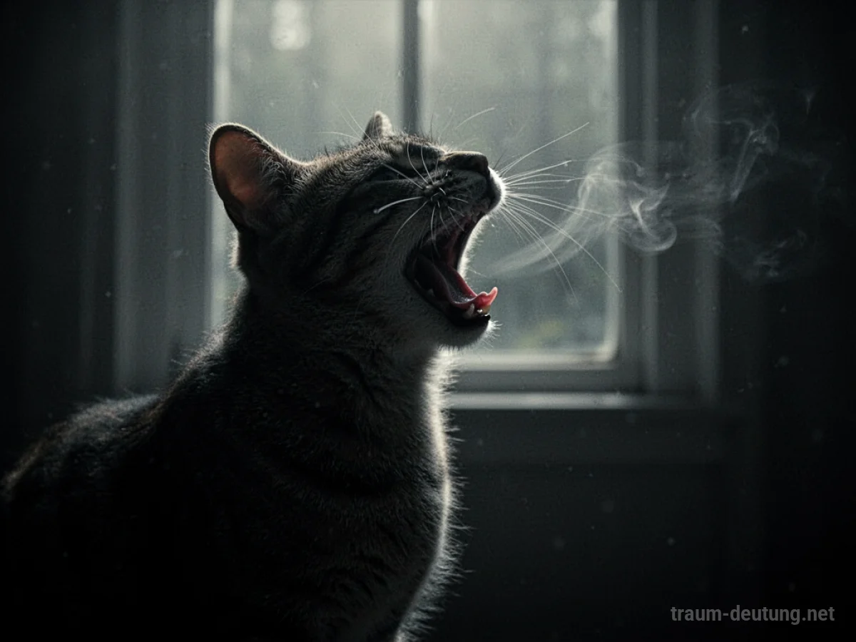 Eine Katze miaut laut im Traum, die Silhouette hebt sich vom Hintergrund ab.