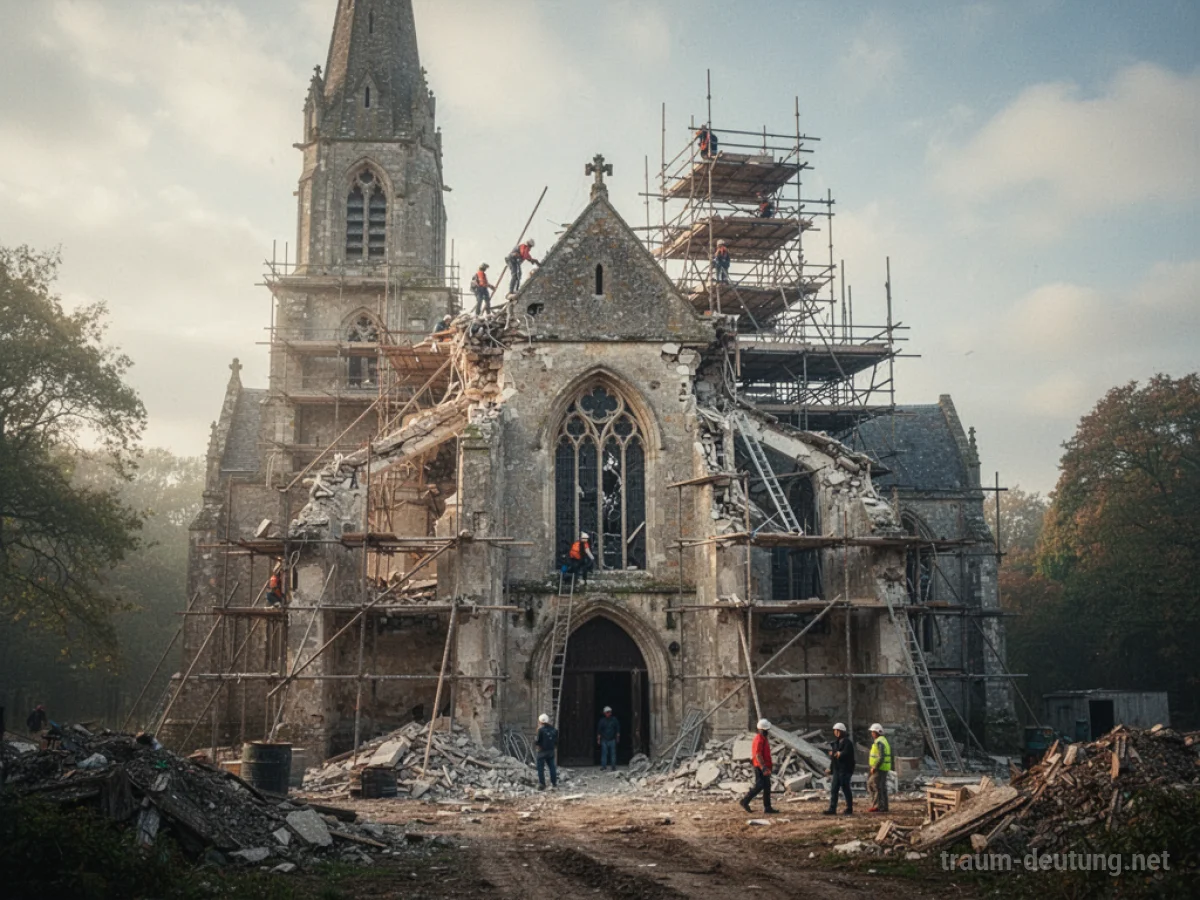 Eine Kirche wird im Traum abgerissen, Gerüste umgeben das Gebäude.
