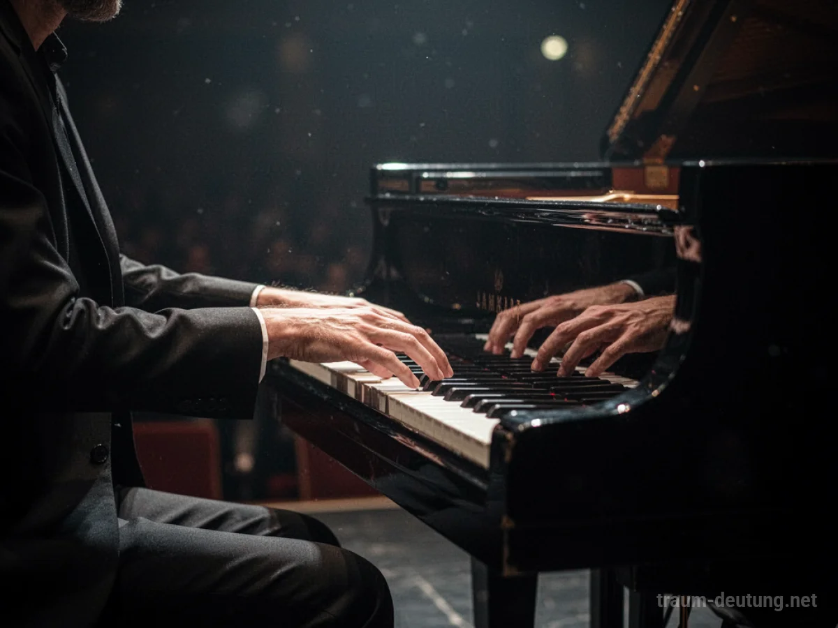 Hände spielen ein Klavier in einem schwach beleuchteten Raum