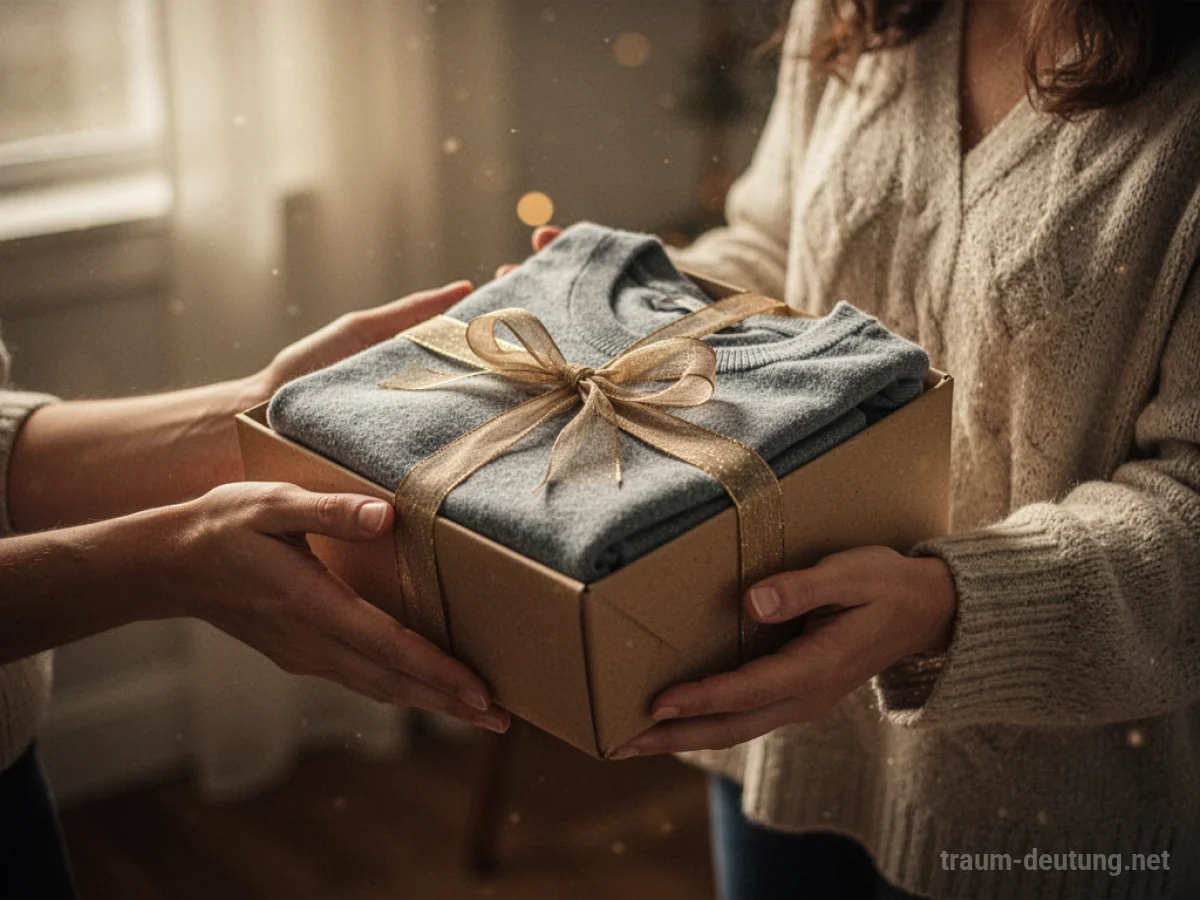 Ein Geschenkpaket mit Kleidung, das jemand erhält.