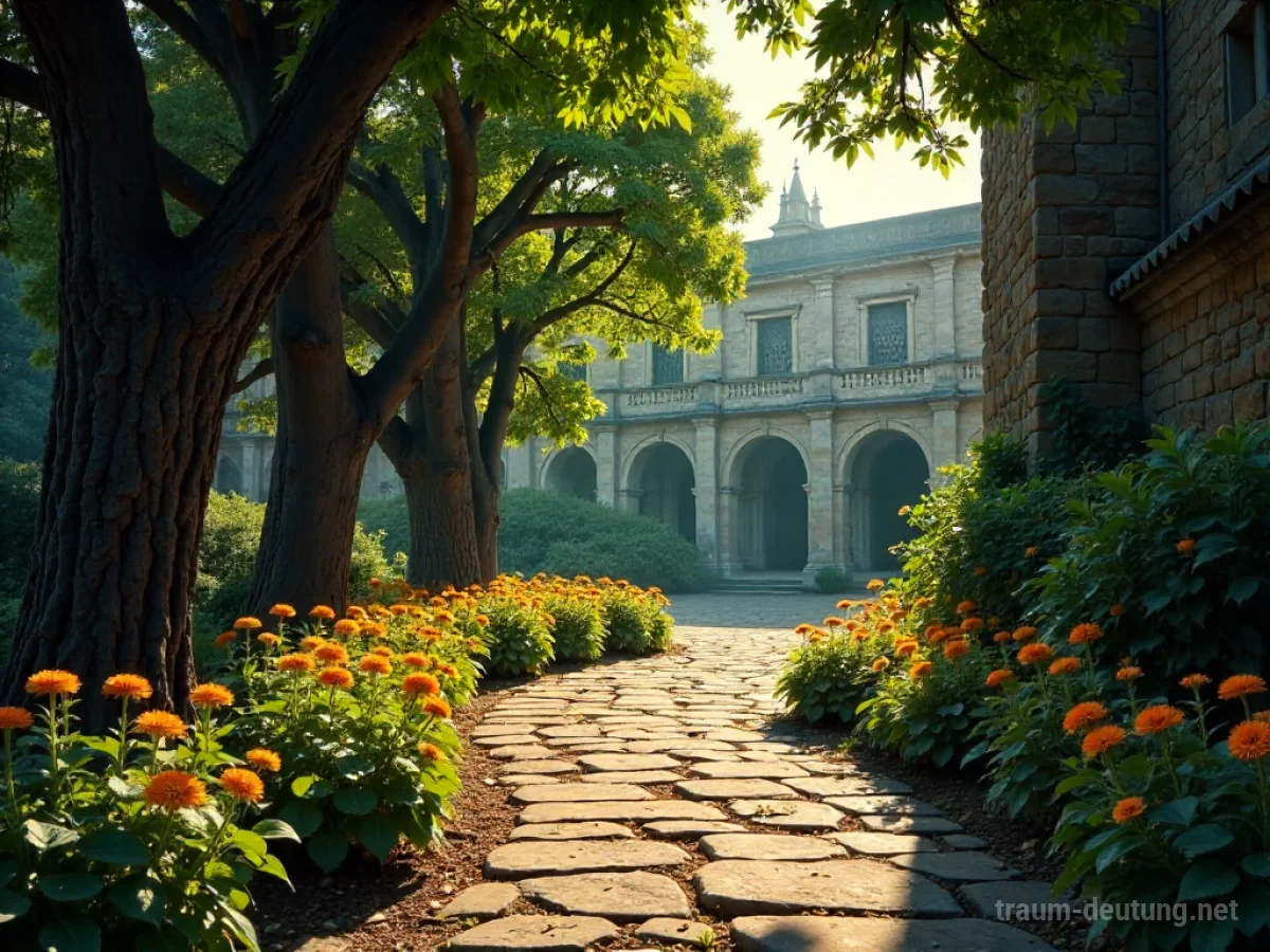 Ein friedlicher Klostergarten mit Blumen und alten Bäumen im Sonnenlicht.