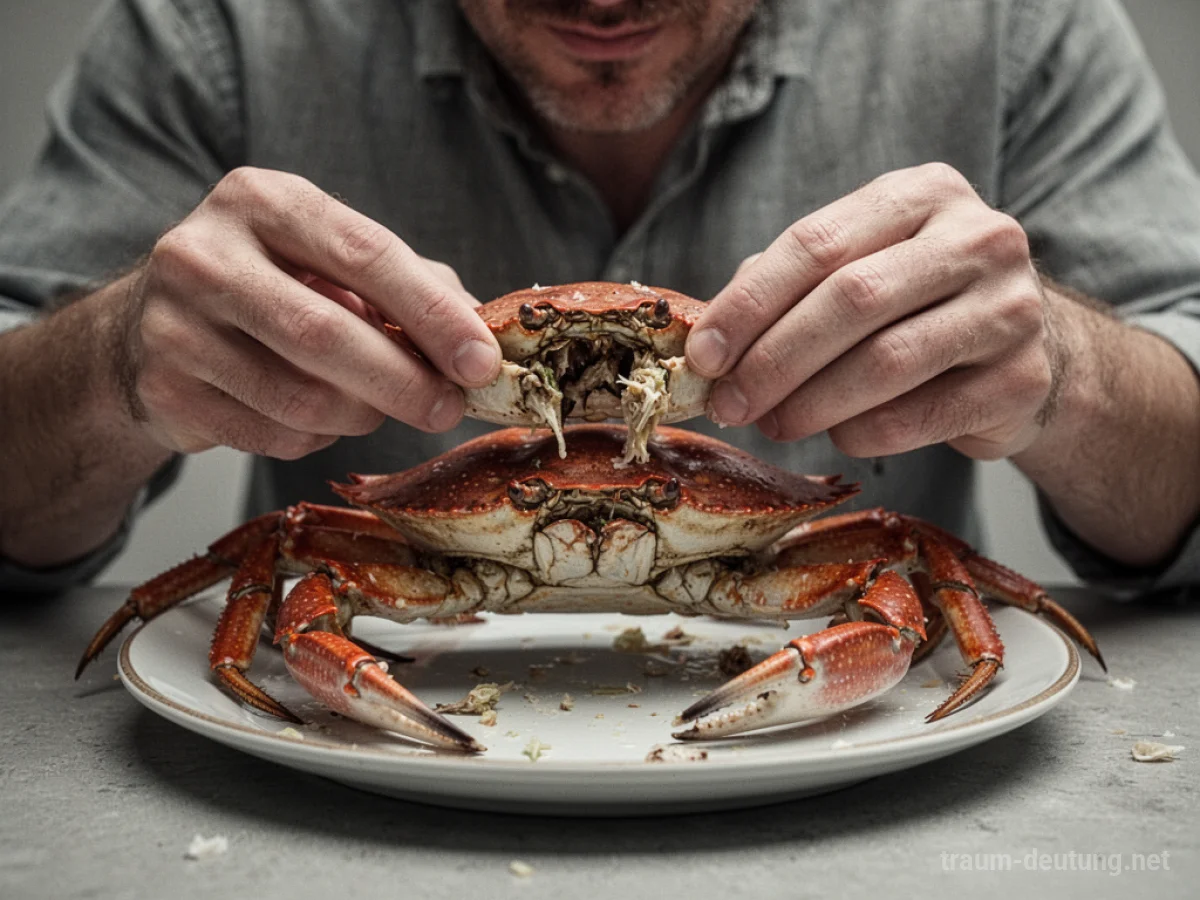 Person is eating a crab at a table.