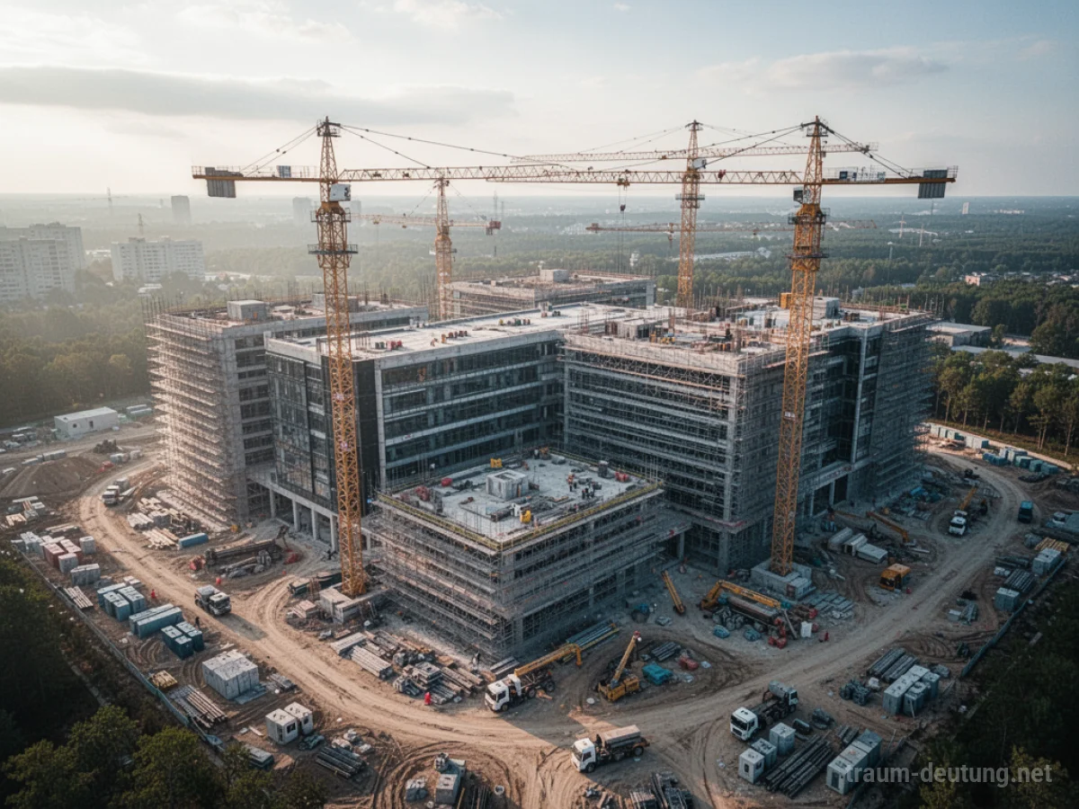 Baustelle eines modernen Krankenhauses aus der Vogelperspektive.