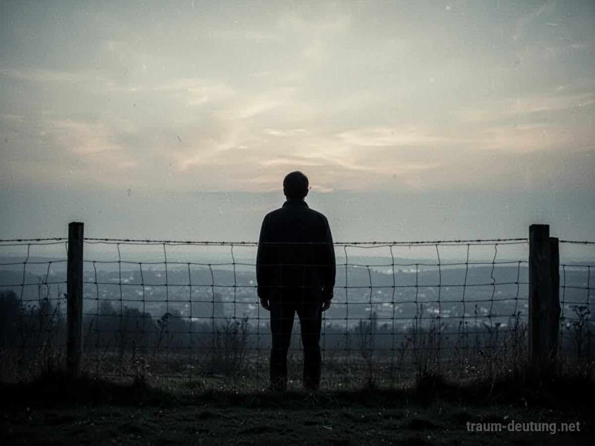 Silhouette einer Person hinter einem Drahtzaun, die auf einen Horizont blickt.