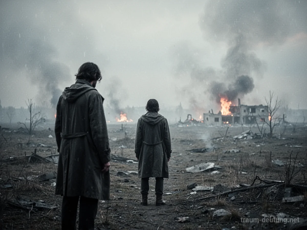 Eine Person steht allein in einer zerstörten Landschaft und blickt in die Ferne.