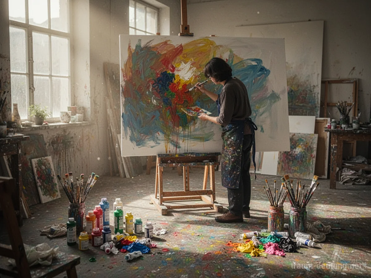 Eine Person malt ein abstraktes Bild in einem hellen Atelier.