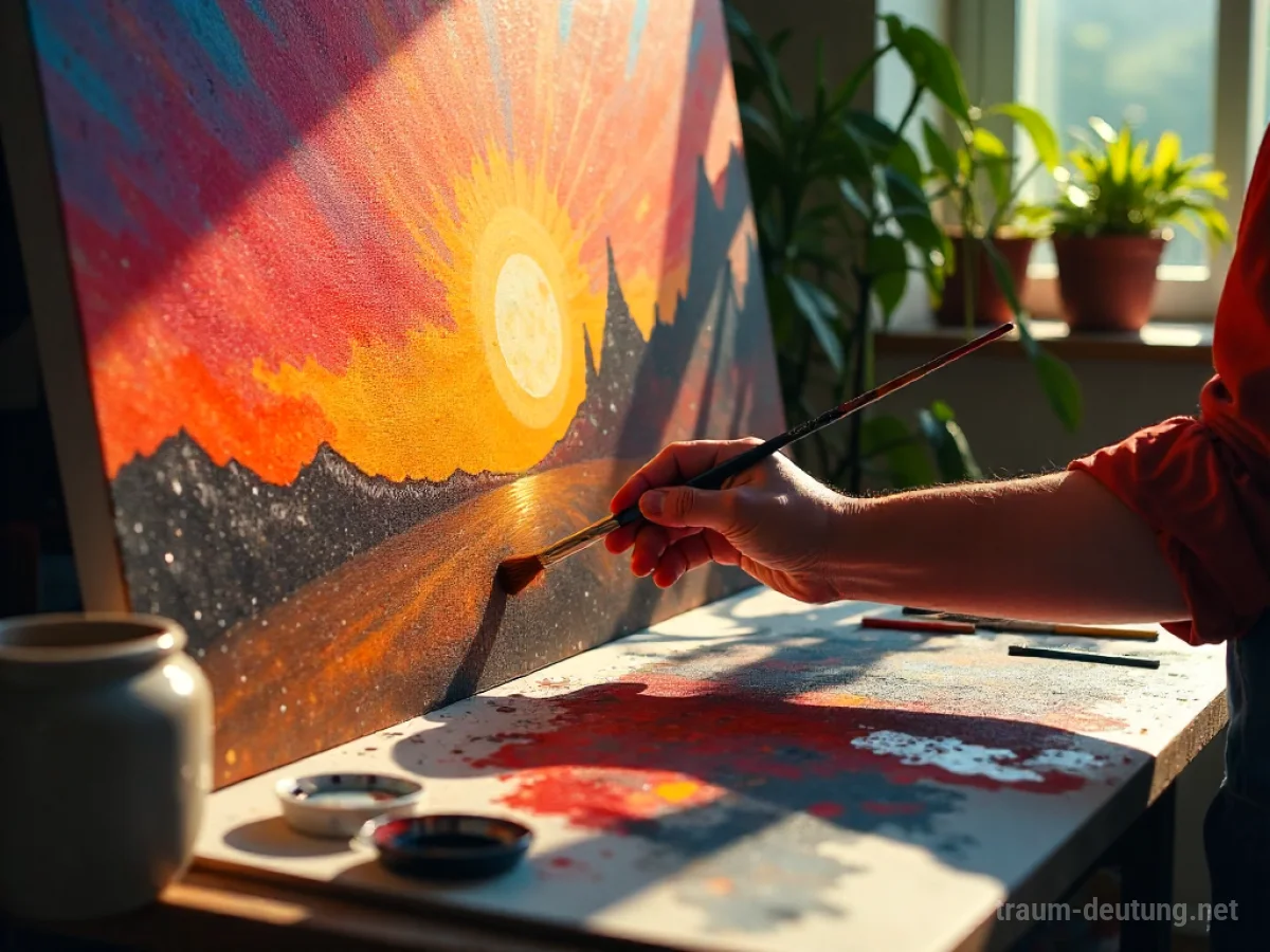 Hände malen ein farbenfrohes Meisterwerk auf einer Leinwand im hellen Atelier.
