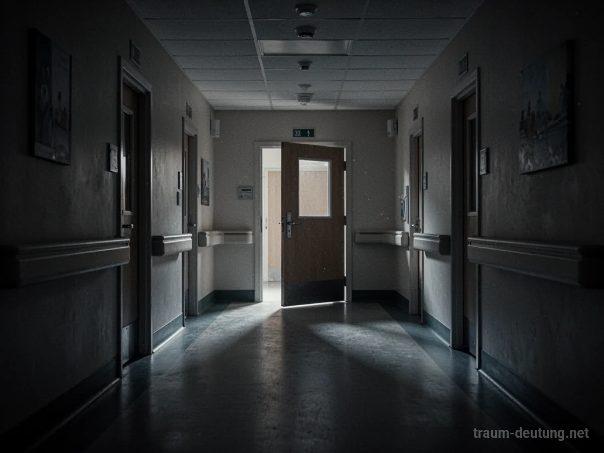 Nacht im Krankenhausflur, lange Schatten, eine leicht geöffnete Tür am Ende.