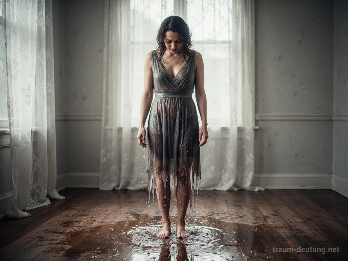 Frau blickt auf ihr nasses Kleid, das Wasser tropft