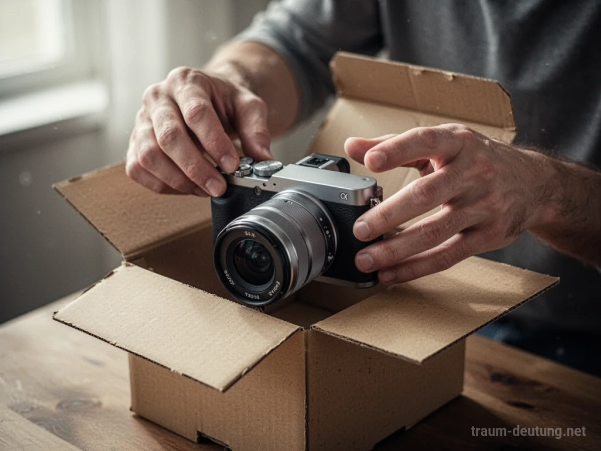 Eine Person packt eine neue Kamera aus.