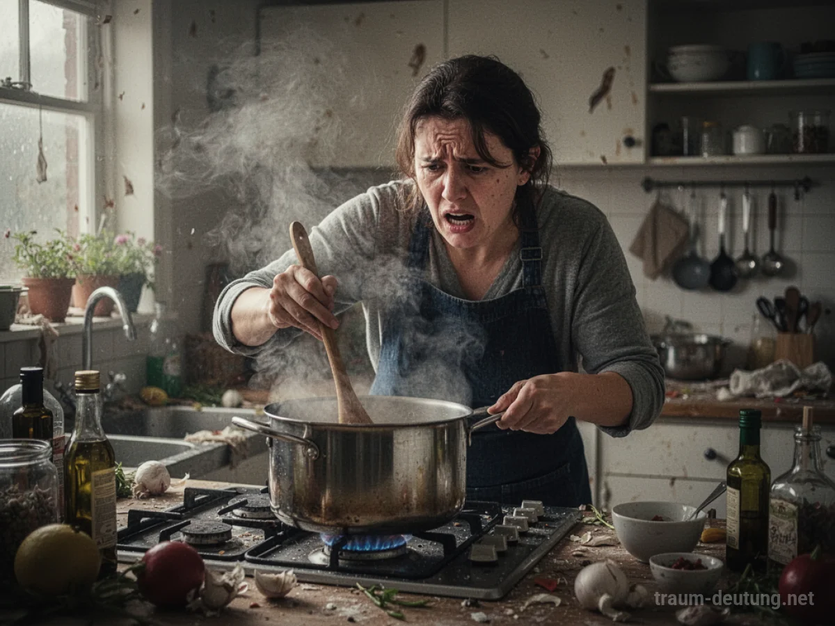 Person kann nicht aufhören zu kochen, die Küche wirkt chaotisch.