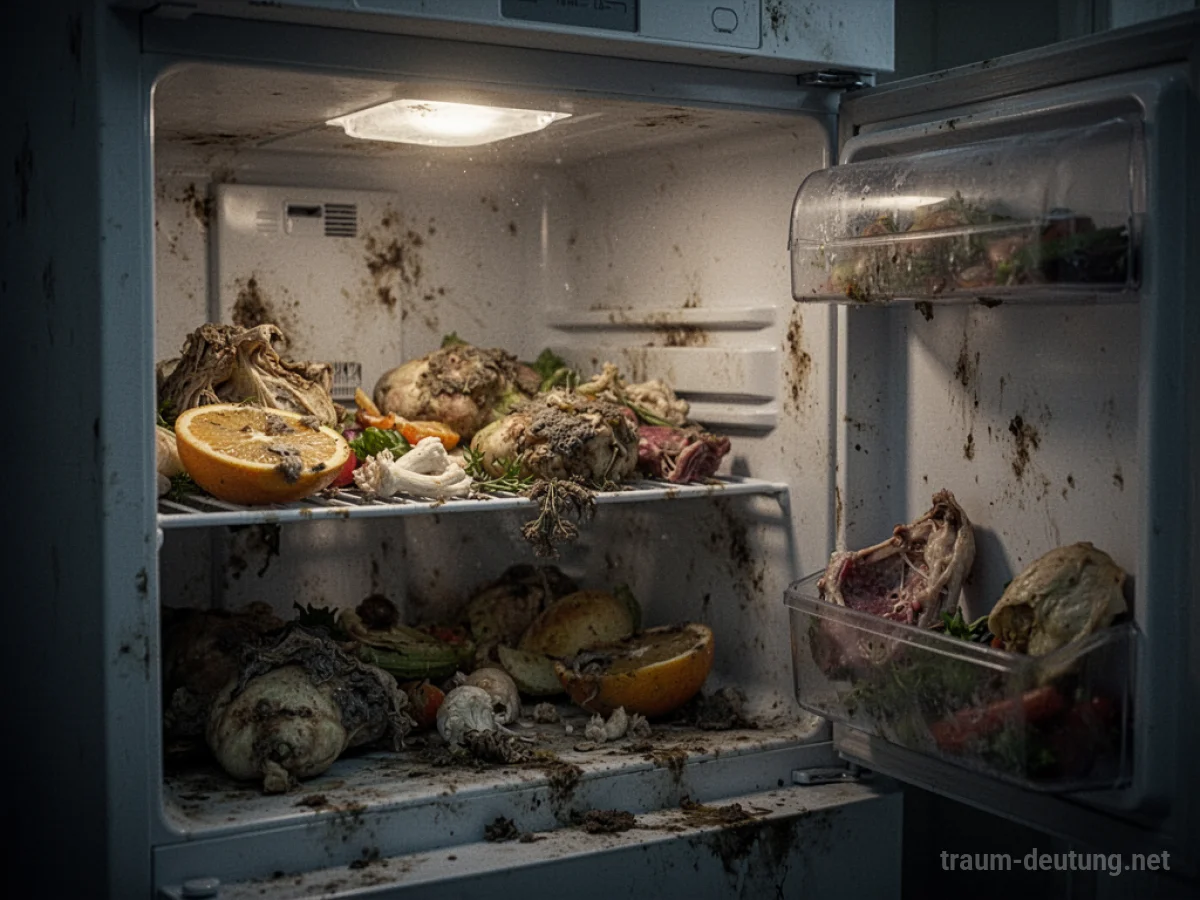 Verdorbenes Essen liegt in einem offenen Kühlschrank.