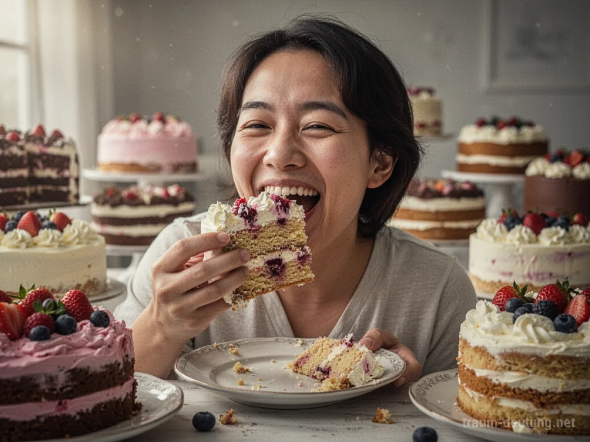 Eine Person isst genüsslich ein großes Stück Kuchen.