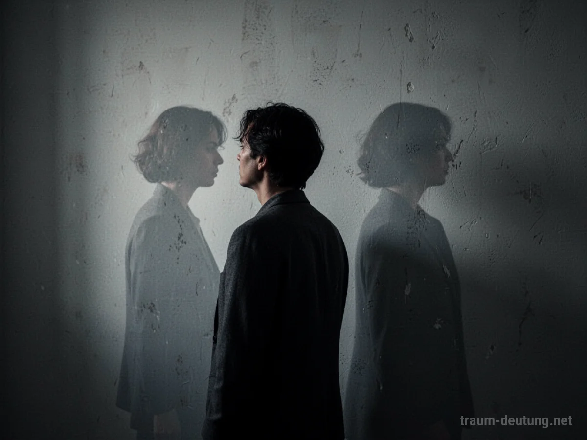 Silhouette einer Person mit einem verzerrten Spiegelbild, das inneren Konflikt symbolisiert.