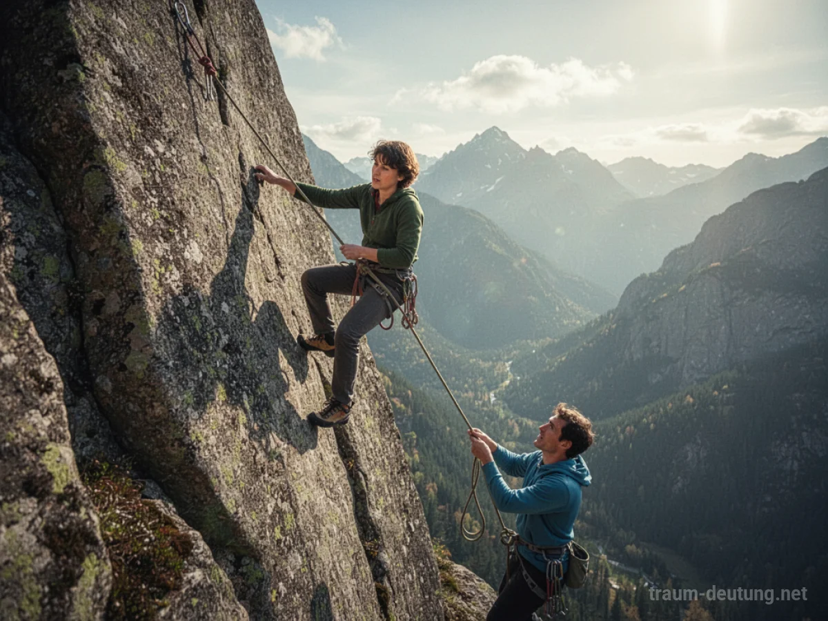 Person klettert mit Seil an einer Felswand, gesichert von einer anderen Person.