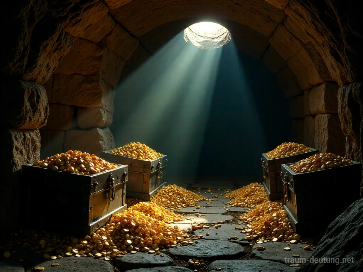 Ein alter Keller voller glänzender Schätze wie Goldmünzen und Juwelen.
