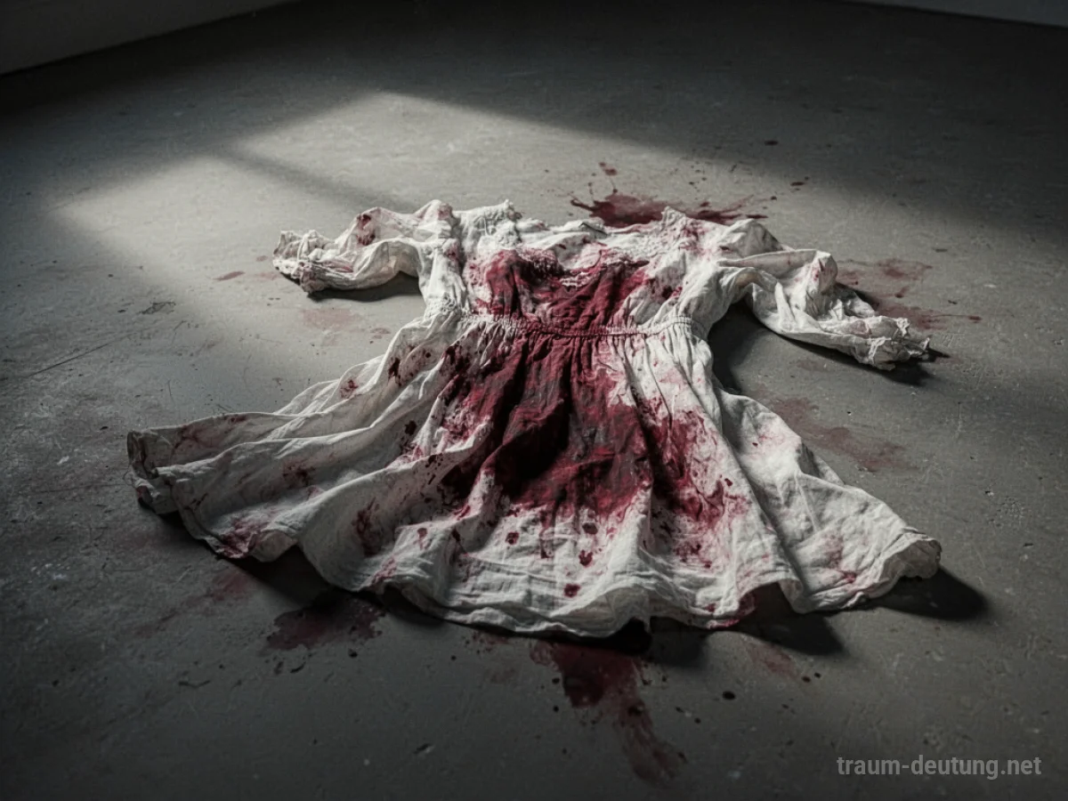 Ein blutbeflecktes weißes Kleid liegt auf einem dunklen Boden.