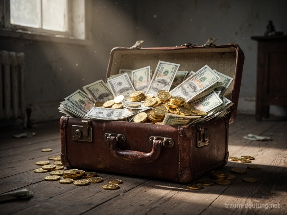 Ein offener Koffer voller Geld und Münzen, der auf einem Holzboden steht.