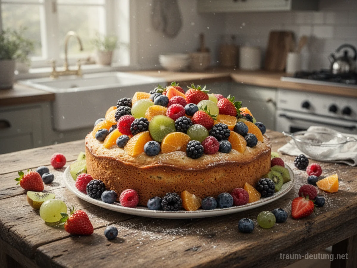 Ein saftiger Kuchen mit vielen bunten Früchten darauf.