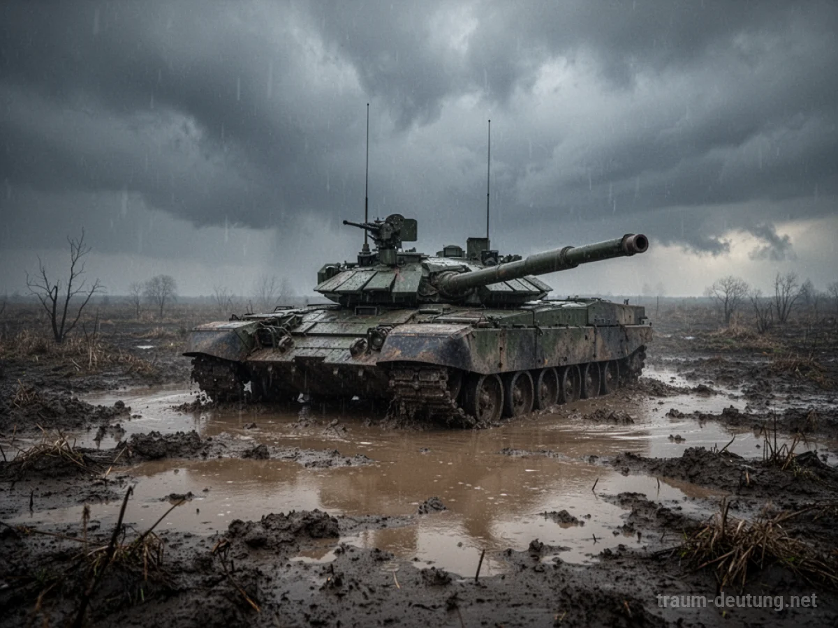 Ein einzelner Panzer steht in schlammigem Gelände unter einem stürmischen Himmel.