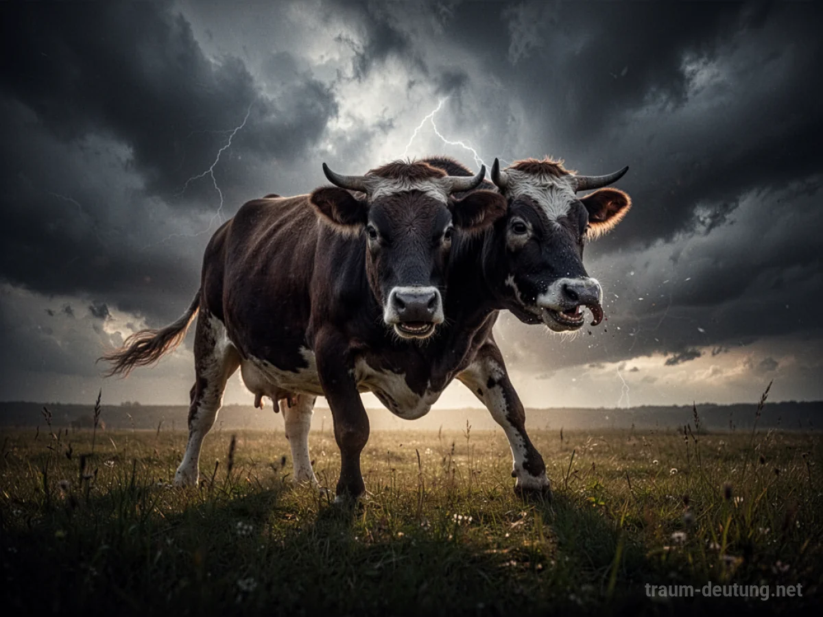 Eine Kuh mit drohender Haltung in einem Feld bei stürmischem Himmel.