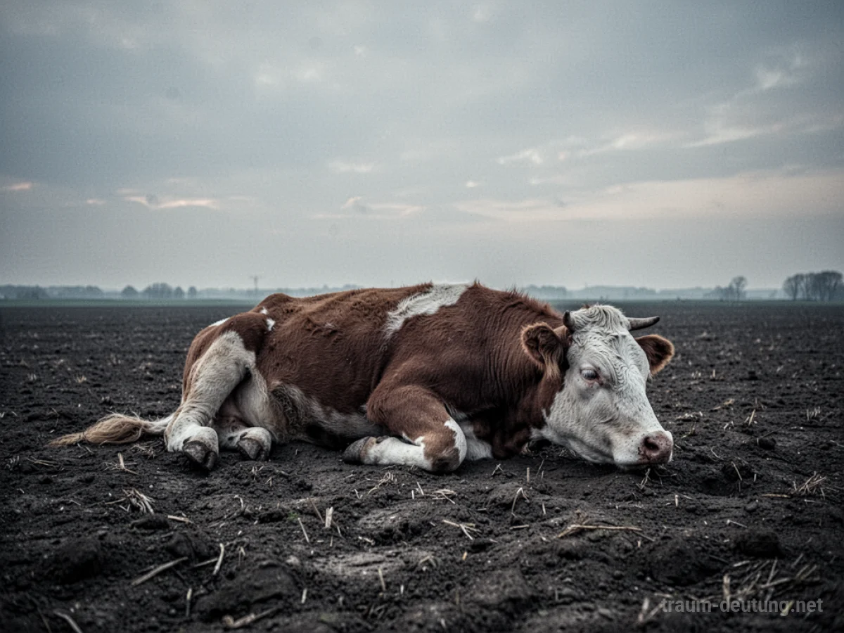 Eine tote Kuh liegt still auf einem trockenen Feld.
