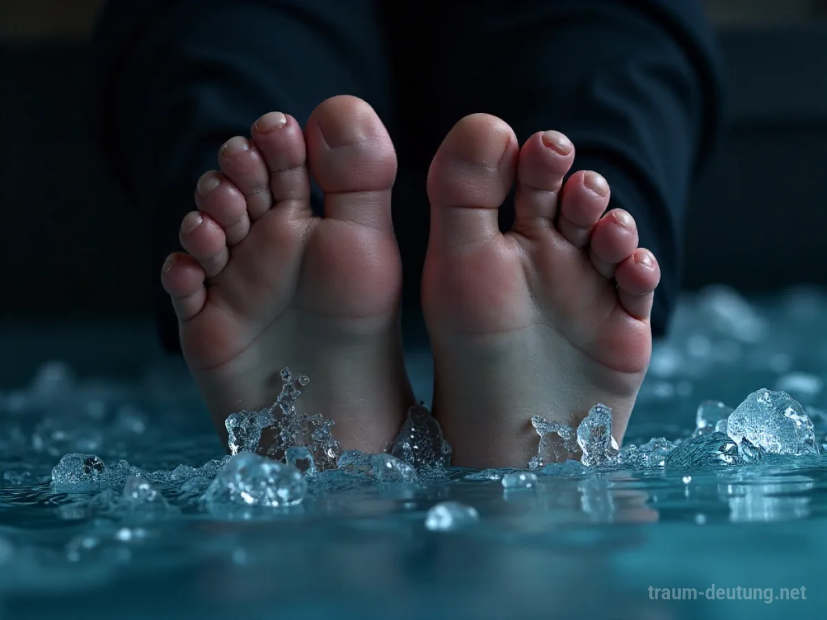 Eiskalte Füße in eiskaltem Wasser, Frost bildet sich auf der Haut