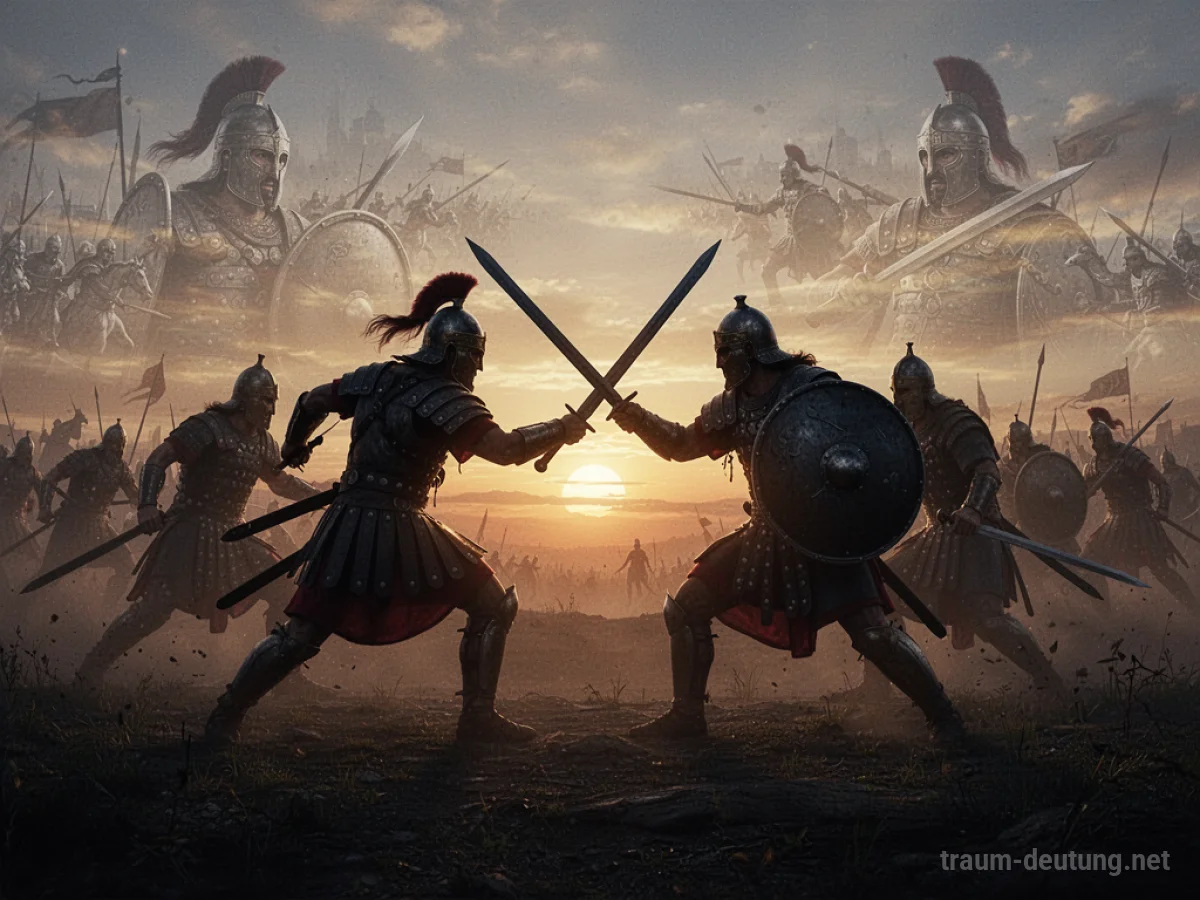 Silhouetten antiker Krieger vor einem dramatischen Sonnenuntergang