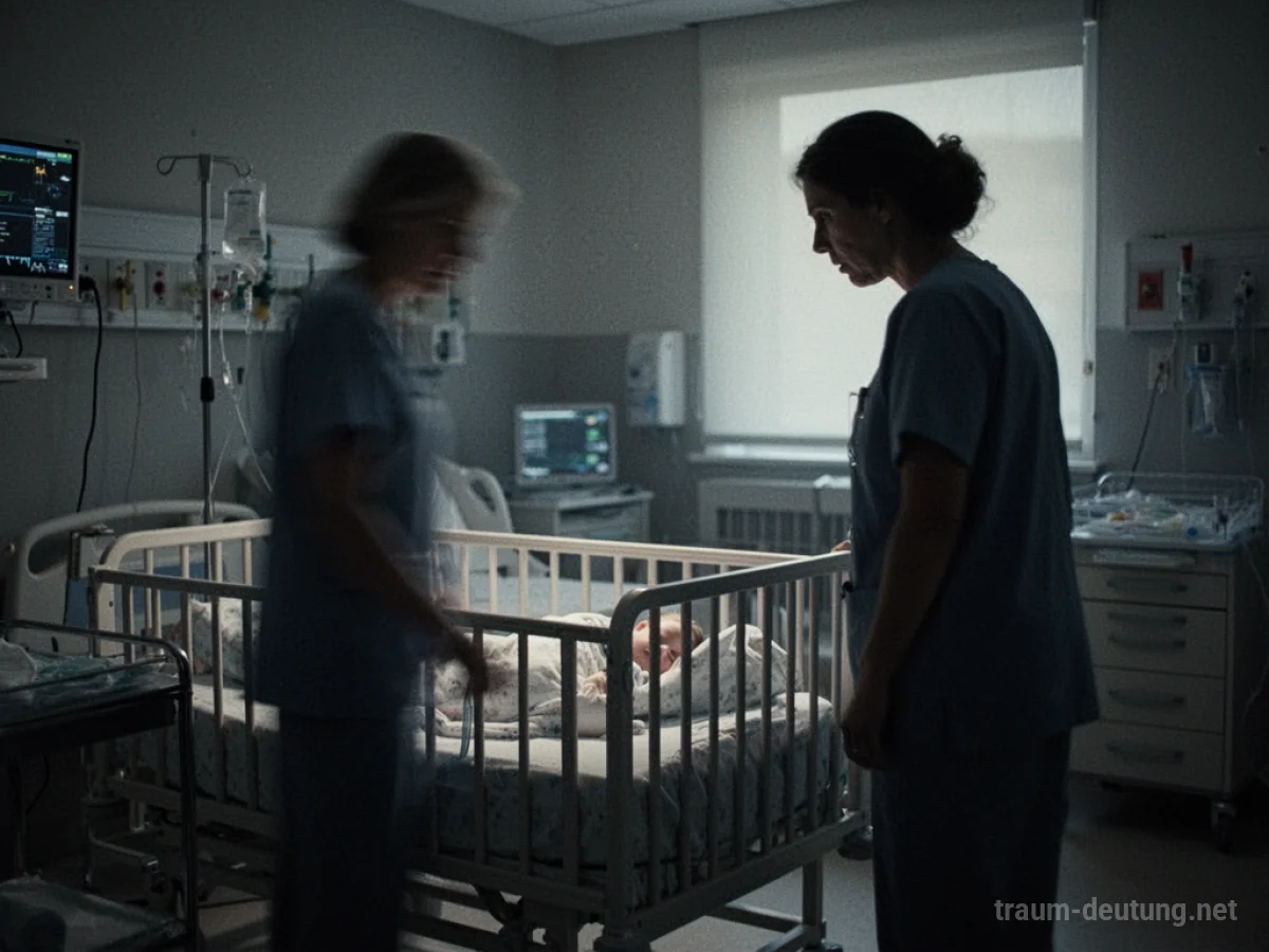 Baby in einem Krankenhausbett, Elternteil steht besorgt daneben.