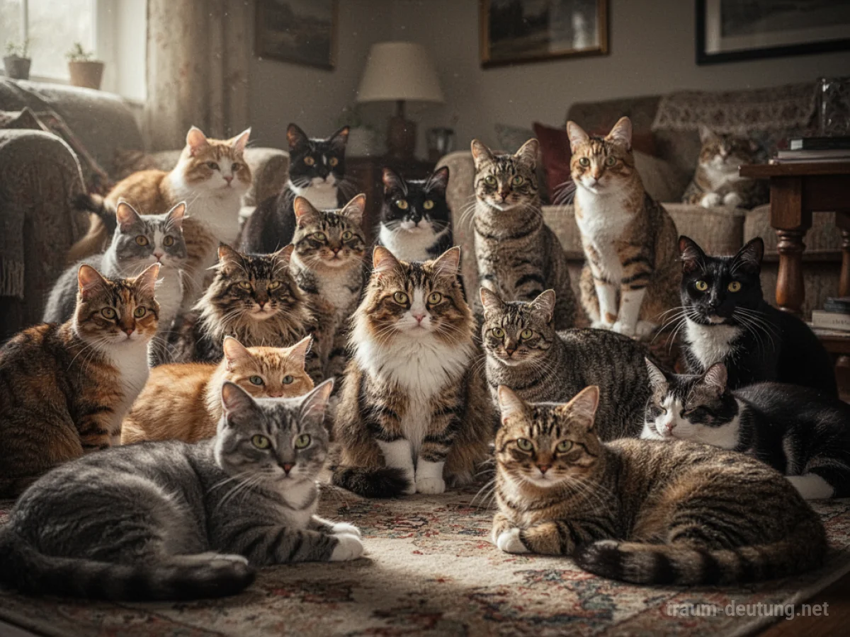 Viele Katzen versammeln sich in einem Raum, einige wachsam, andere entspannt.