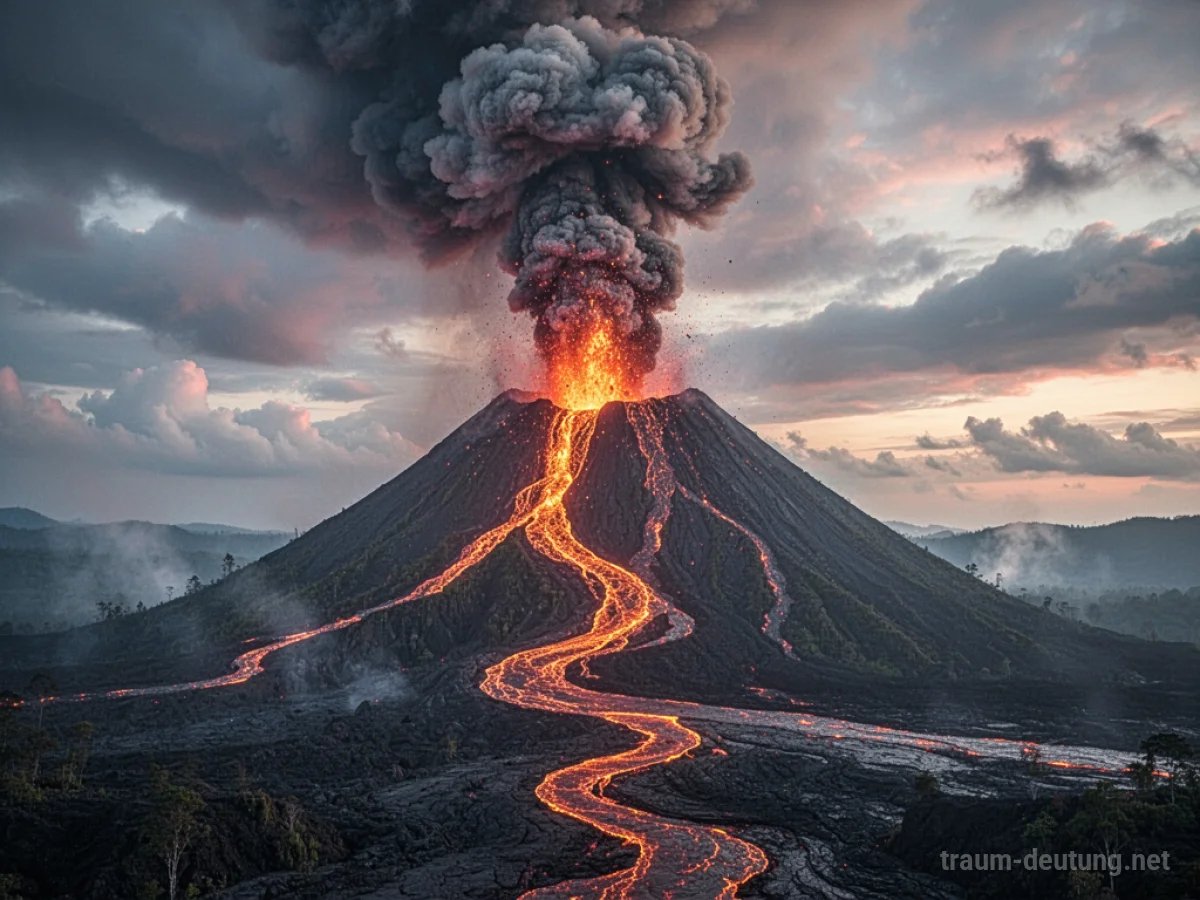 Ein Vulkan bricht aus und schleudert Rauch und Lava in den Himmel.
