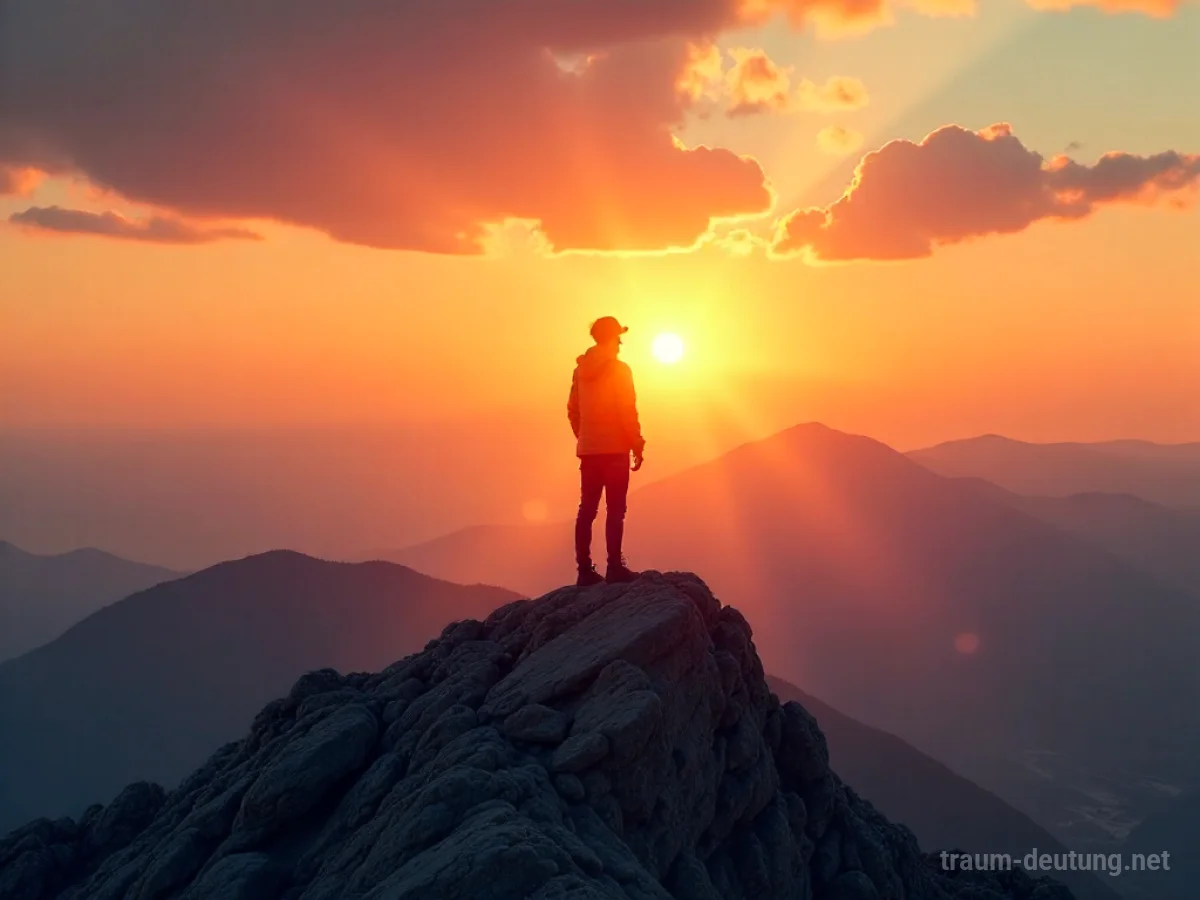 Person steht triumphierend auf einem Berg mit aufgehender Sonne.