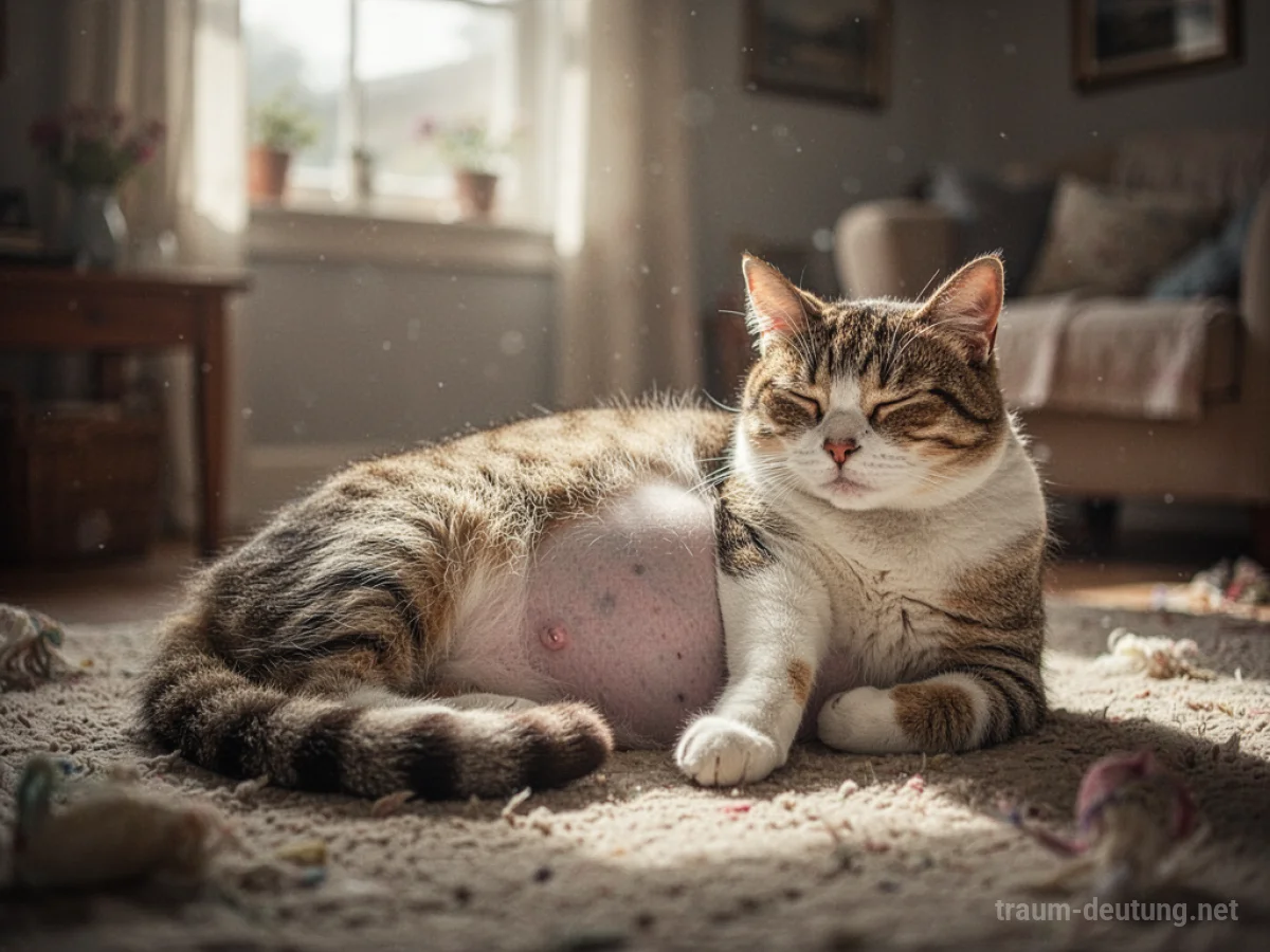 Eine trächtige Katze ruht in einem sonnigen Raum.