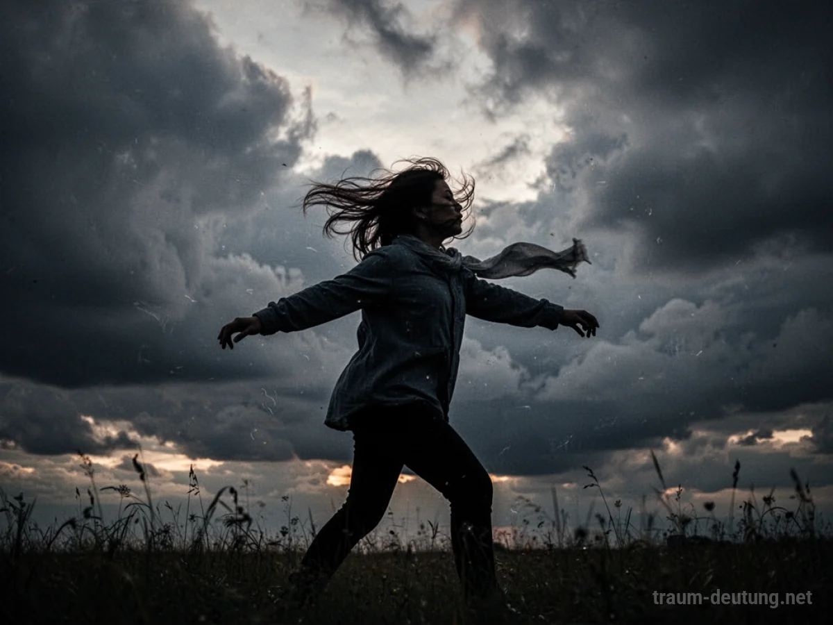Silhouette einer Person kämpft gegen starken Wind