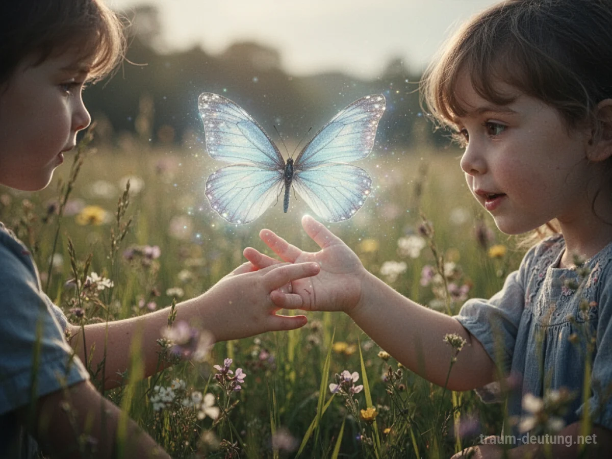 Kinderhand greift nach einem Schmetterling in einer Wiese