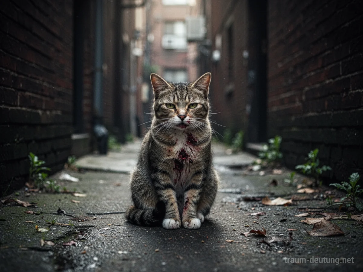Verletzte Katze sitzt einsam in einer dunklen Gasse.