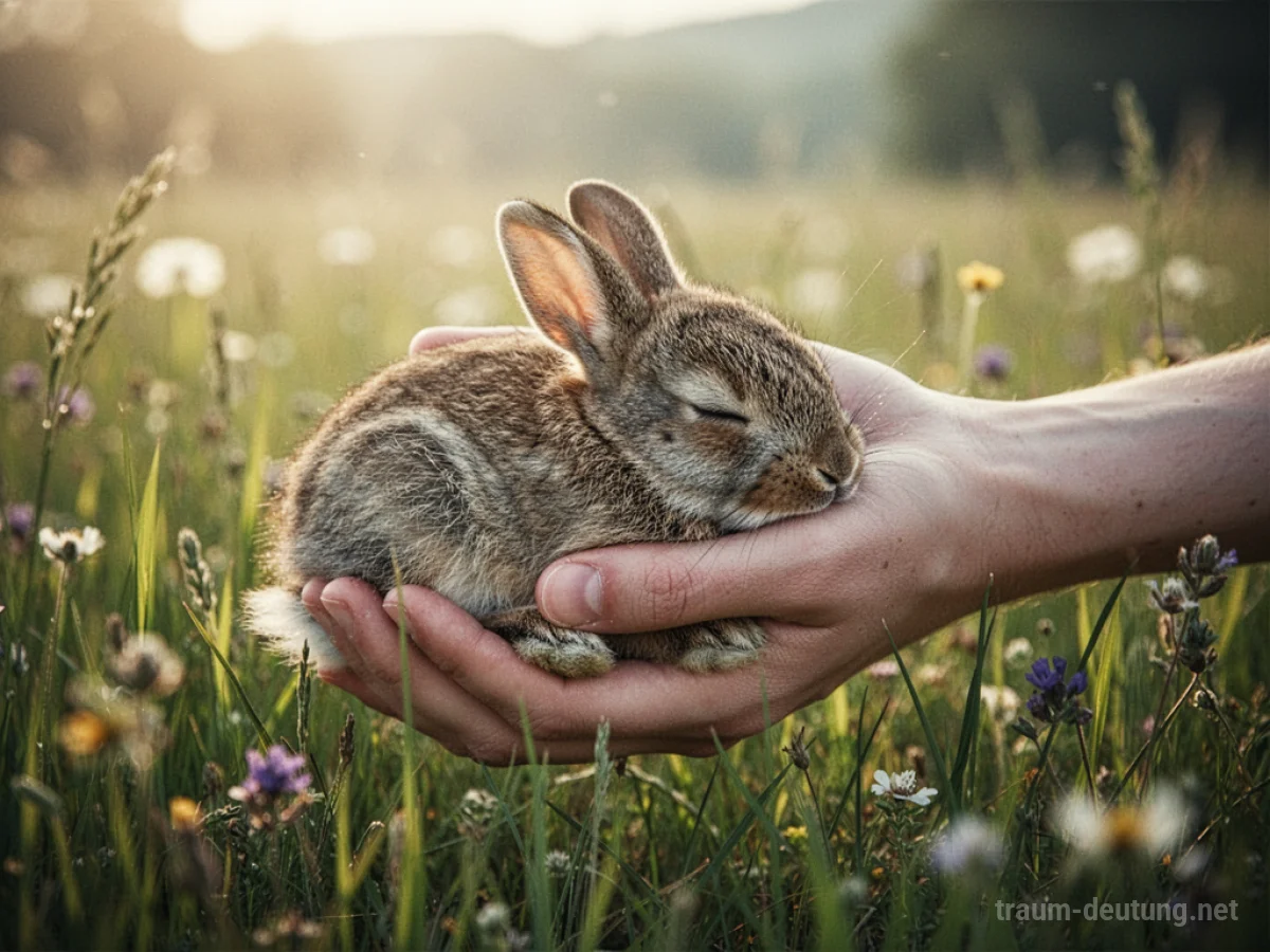 Hand rettet ein kleines, verletztes Kaninchen in einer Wiese