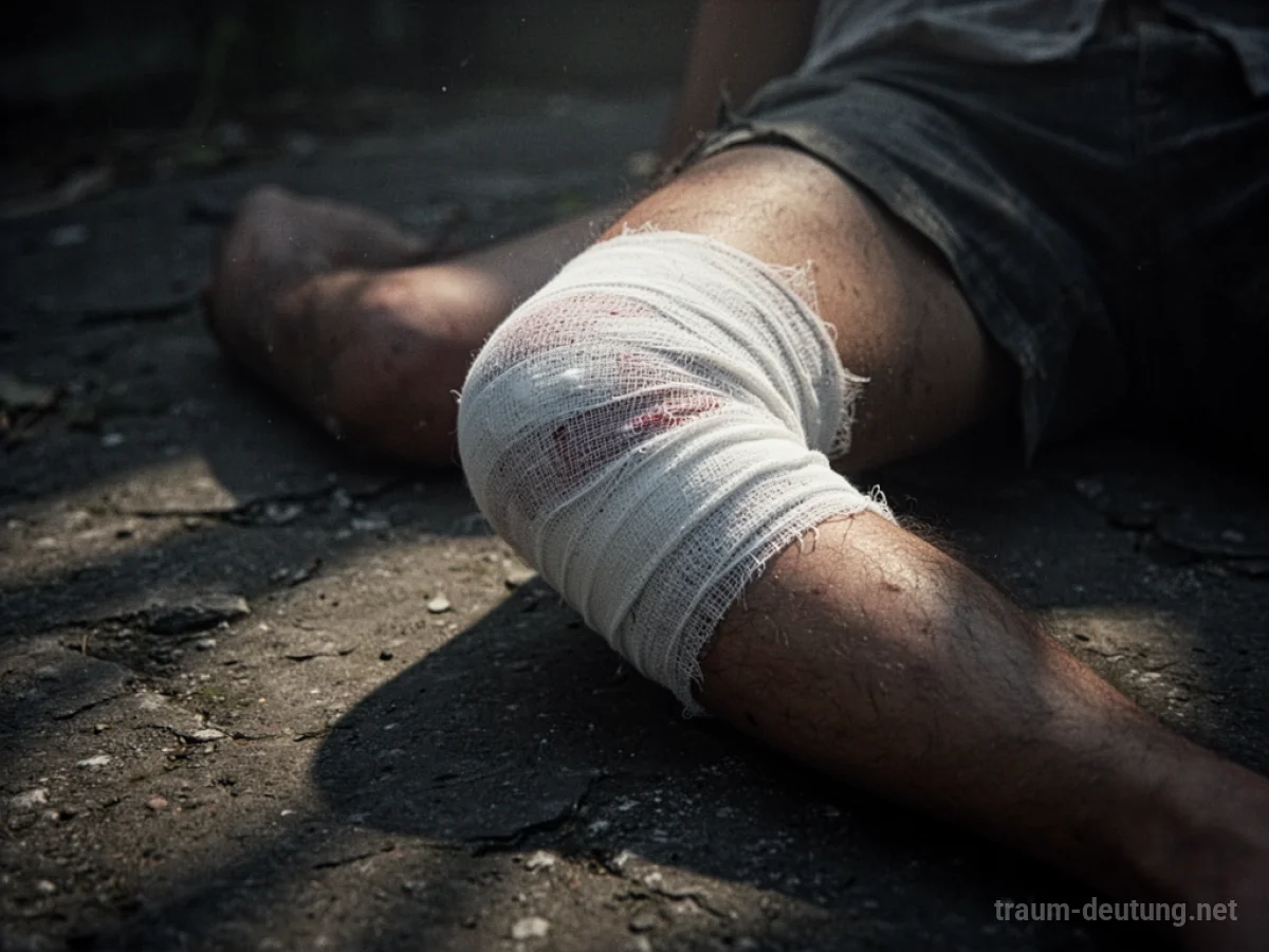 Verletztes Knie mit Verband auf dunklem Untergrund