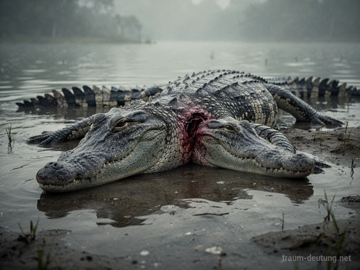 Ein verletztes Krokodil liegt im flachen Wasser.