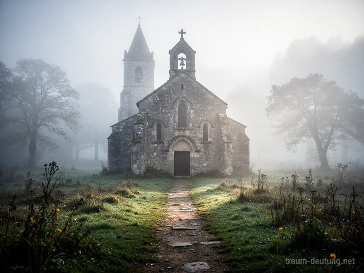 Verlorene Kirche im Nebel, ein Weg führt dorthin