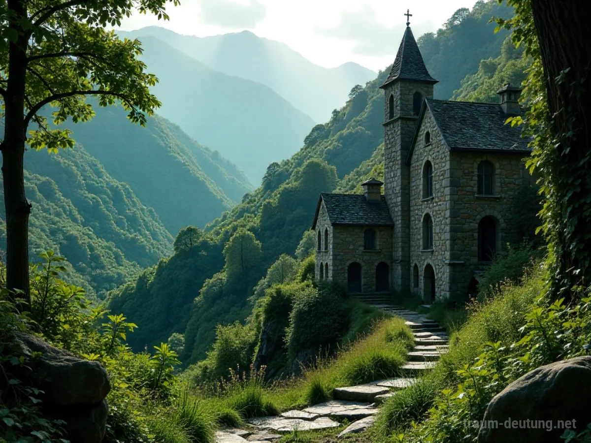 Verstecktes Kloster in einem abgelegenen Tal, umgeben von Natur.