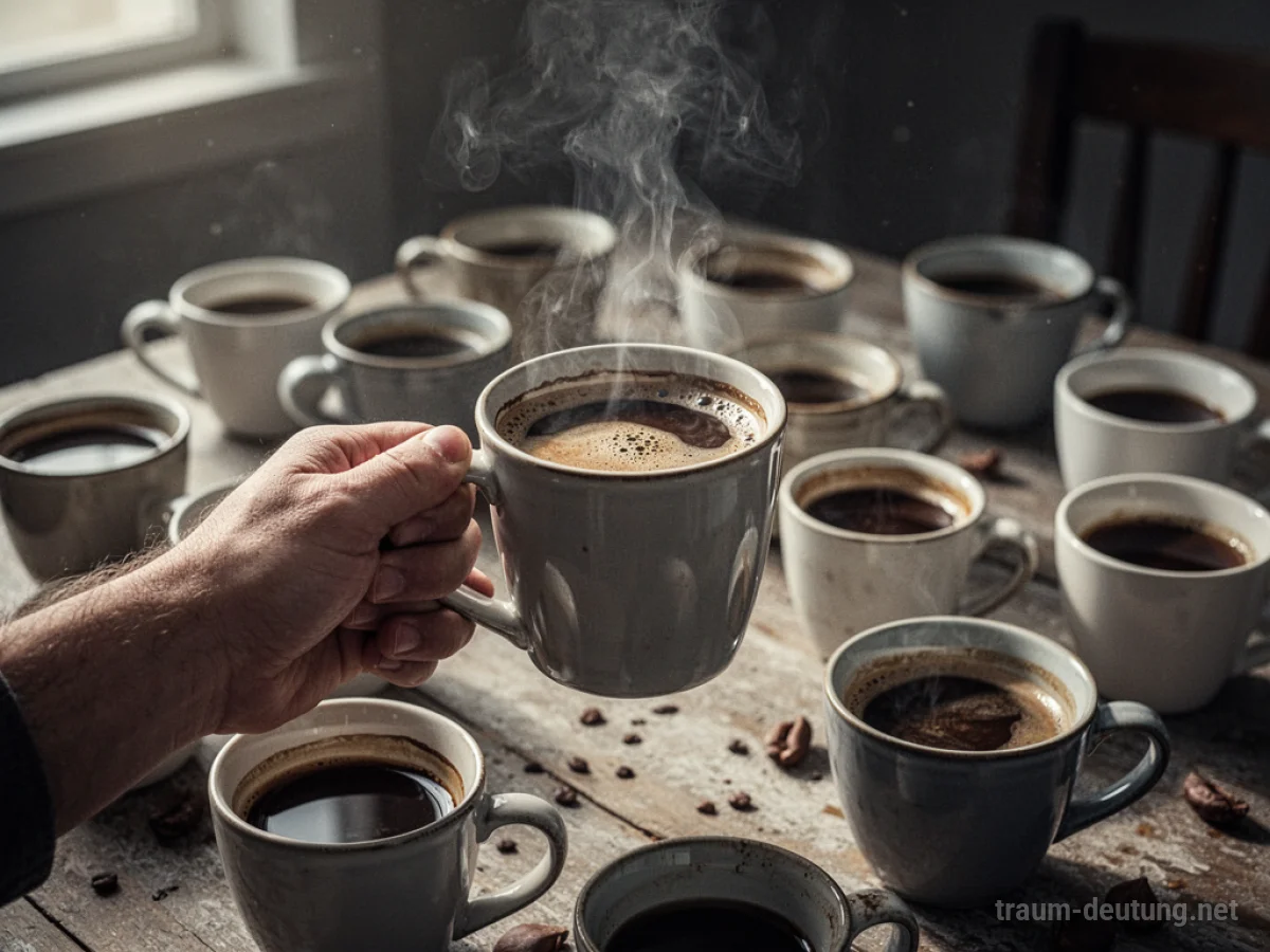 Viele Kaffeetassen um eine Person herum, die eine Tasse hält.