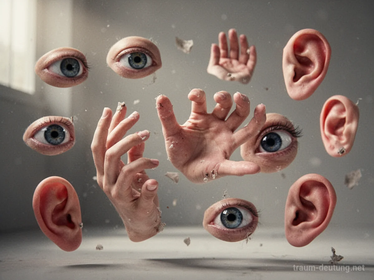 Viele einzelne Körperteile wie Augen, Hände und Ohren schweben im Raum.