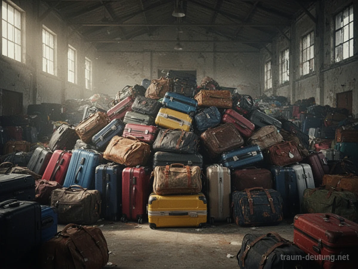 Viele Koffer und Taschen in einem großen, dunklen Raum gestapelt.