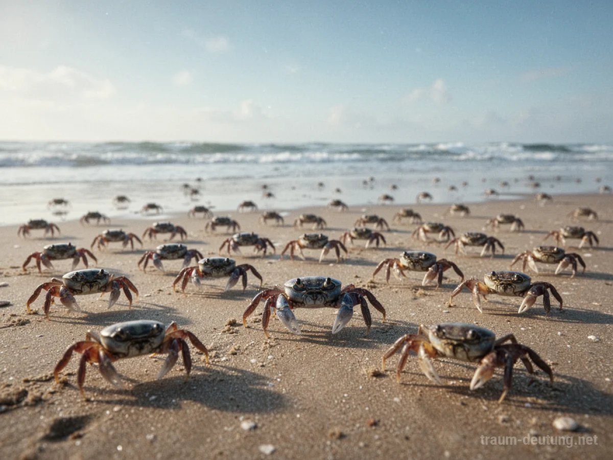 Viele kleine Krabben bewegen sich über einen sandigen Strand.